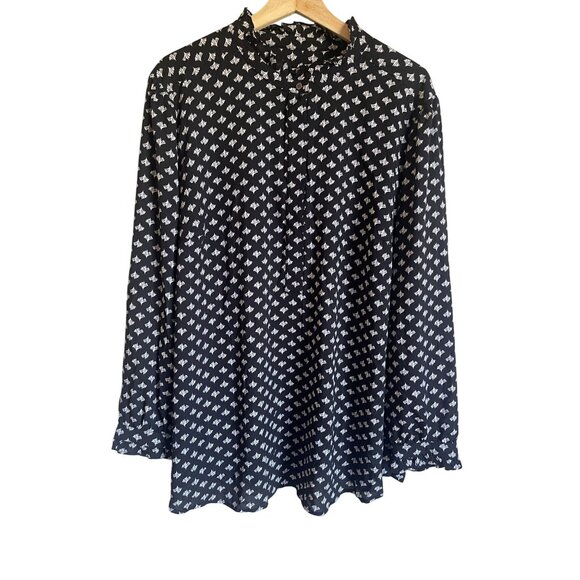 LOFT Plus Size 22 Black Cream Fan Print Blouse Top Long Sleeve Ruffle - Picture 1 of 7